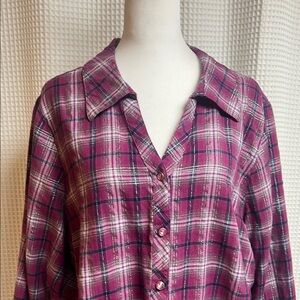 Denim&Co Plaid Button-Up long sleeve shirt. Purple/berry with silver thread. 1X